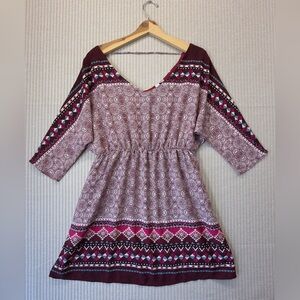 Pink Owl Burgundy and White Patterned 3/4 Sleeve Dress Elastic Wasit